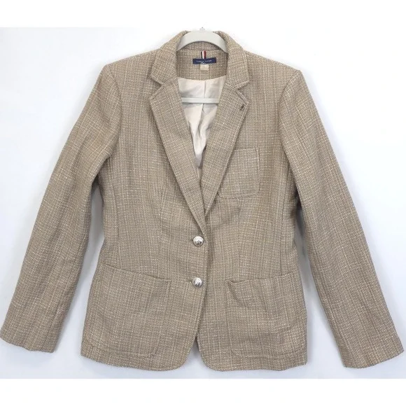 Tommy Hilfiger Blazer Womens 10 Beige Textured Metallic Two Button Lined Jacket - Picture 1 of 14